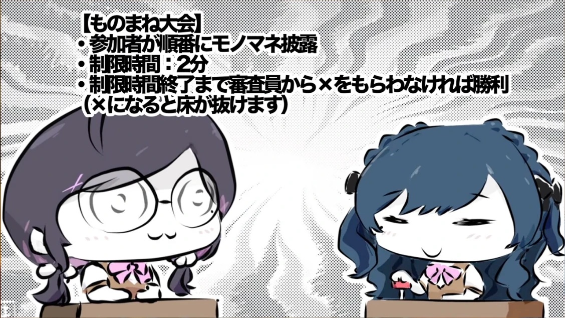 ものまね大会のルール（審査員視点の配信画面より）